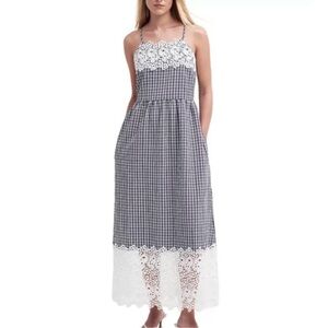 Barbour Navy and White Gingham Midi Dress with Lace Trim
